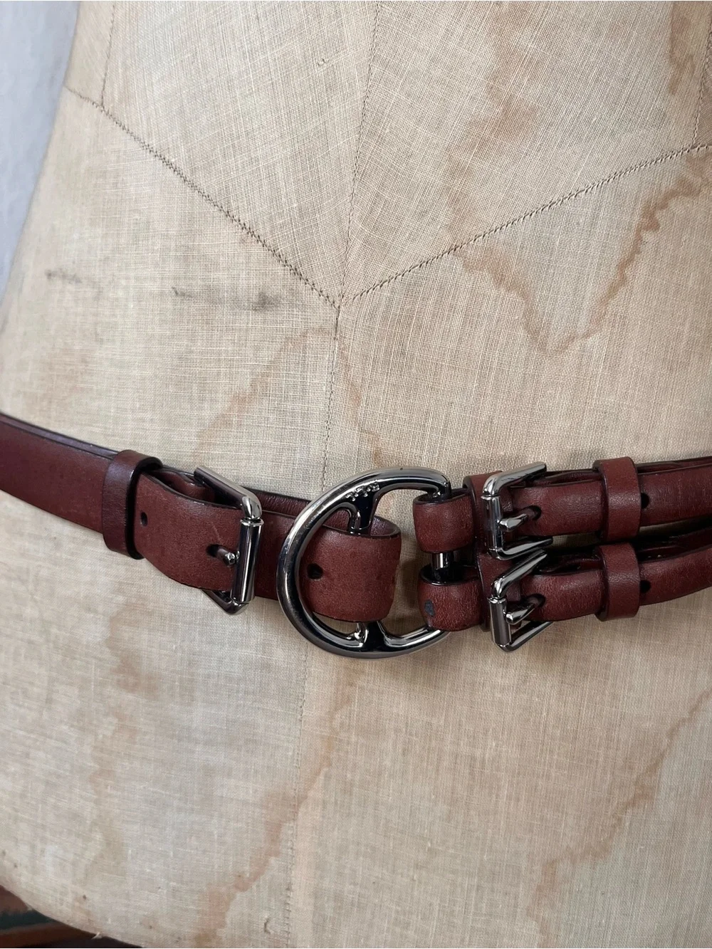 Lauren Ralph Lauren Brown Tri-Strap Leather Waist Belt with Silver Buckles